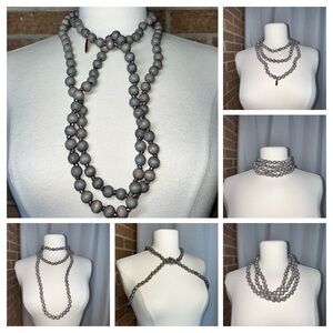 PLUNDER grey wooden beads on leather strand, 31” drop NEW
